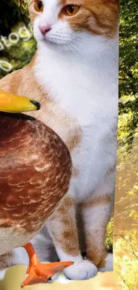 This live wallpaper is the perfect showcase of photorealism with its stunning forest setting and adorable orange and white cat sitting beside a charming duck