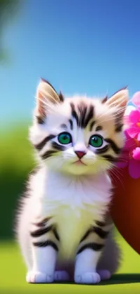 This live mobile wallpaper depicts a cartoon-style digital painting of an adorable kitten sitting next to a flower pot on a sunny day