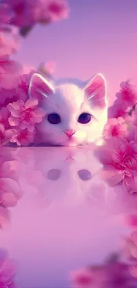 This phone live wallpaper features a 3D rendering of a cute white cat hiding behind pink flowers