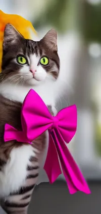 This phone live wallpaper features a playful and romantic scene, with a gray and white cat wearing a pink bowtie and batting at a big ribbon