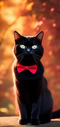 Looking for a stylish and fun live wallpaper for your phone? Look no further than this amazing design! Featuring a stunning black cat donning a striking red bow tie against a backdrop of a beautiful sunset glow, this high-quality fantasy stock photo is perfect for the autumn season