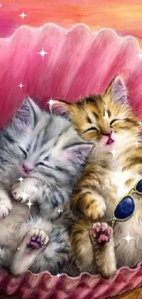 This live wallpaper showcases a delightful painting of two adorable kittens enjoying a sunny day at the beach