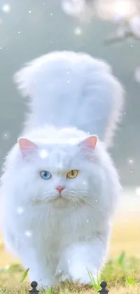 This lovely live wallpaper depicts a graceful white cat strolling along a lush green field