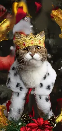 This phone live wallpaper showcases an ultra-realistic, furry cat wearing a crown, featured in front of an intricately decorated Christmas tree