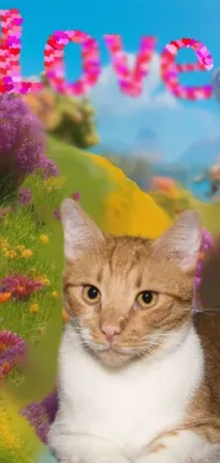 This lively phone wallpaper depicts a charming cat lying in a field of vibrant flowers, surrounded by lush green grass