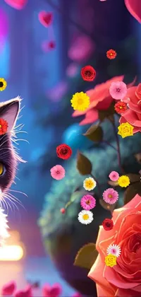This live phone wallpaper showcases a captivating black and white cat sitting beside a floral arrangement of pink roses