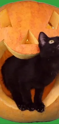 This live wallpaper features a black cat sitting inside a glowing pumpkin, surrounded by mist and a mystical aura