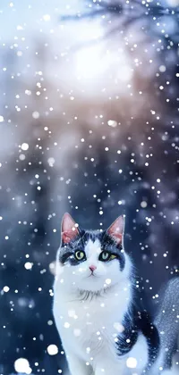 This black and white cat sits serenely in a snowy landscape, making for a captivating live wallpaper