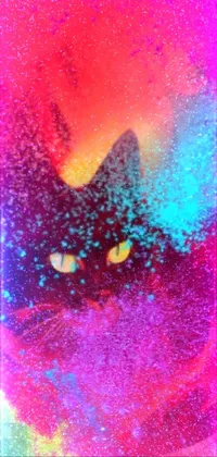 This phone live wallpaper offers a captivating image of a cat's expressive face set against a stunning, colorful background inspired by vibrant fire hues