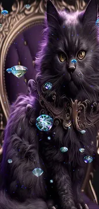 This stunning live wallpaper features a mesmerizing black cat sitting gracefully atop a plush purple chair