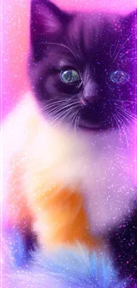 This phone live wallpaper features a digital painting of a black and white cat with green eyes