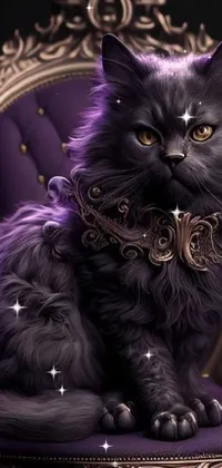 This phone live wallpaper is a beautiful and captivating piece featuring a black cat sitting on a purple chair