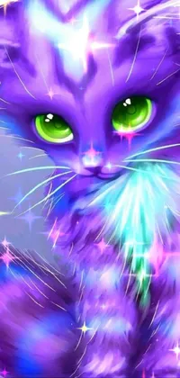 This phone live wallpaper features a charming purple cat with expressive green eyes and airbrush details, painted in the whimsical Lisa Frank style