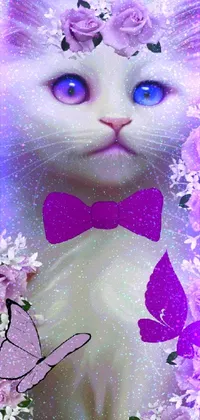 This phone live wallpaper showcases a stunning digital art of a white cat with piercing blue eyes and a charming purple bow tie