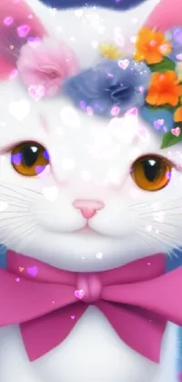 This stunning live wallpaper for your phone features a gorgeous white cat wearing a charming pink bow tie