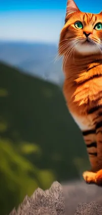 This dynamic live phone wallpaper showcases a brilliantly colored digital painting of an orange cat perched atop a rocky hill