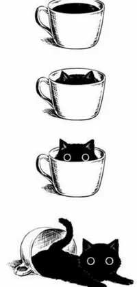 This live wallpaper features three hot cups of coffee, each with a cute cat inside, perfect for coffee lovers and feline enthusiasts