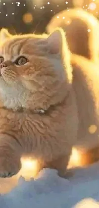 Looking for a cute and charming live wallpaper for your phone? Look no further than this trending image of an exotic shorthair cat walking through the snow! The realistic photorealistic painting captures every detail of this furry little friend, from their fluffy fur to their sweet expression, while the soft golden light and snowy landscape create a serene and tranquil atmosphere