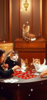 This cat live wallpaper presents an artistic illustration of a group of sophisticated feline characters gathered around a table at a casino