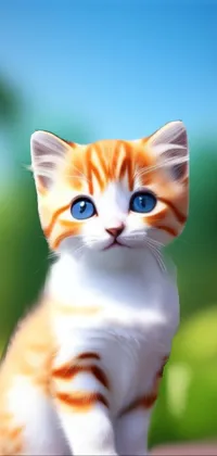 Adorable orange and white kitten live phone wallpaper featuring a charming digital painting with vivid blue eyes