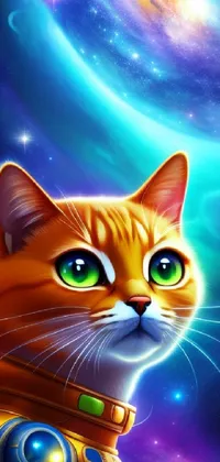 Get lost in the beauty of space with this phone live wallpaper featuring a furry cat in a stunningly realistic space suit design