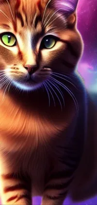 This live wallpaper features a stunning digital painting of a majestic cat set against a galaxy background