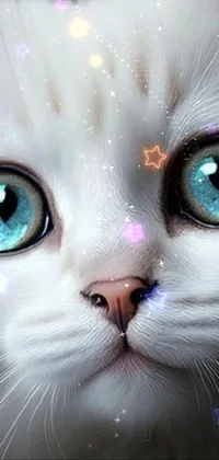 This phone live wallpaper showcases a hyper-realistic close-up of a white cat with blue eyes