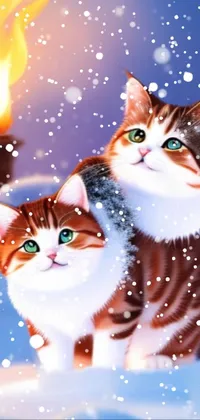 This phone live wallpaper features two cats sitting in the snow, creating a warm and cozy ambiance