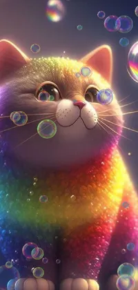 Get your phone a cute and whimsical live wallpaper featuring a cartoon cat sitting on a table beside colorful bubbles