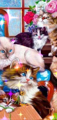 This stunning live wallpaper features a group of furry cats sitting on top of a table with scattered toys, feathers, and catnip