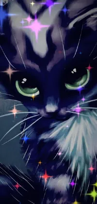This live wallpaper boasts an eye-catching painting of a black and white cat with mesmerizing green eyes
