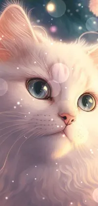 This phone live wallpaper features an enchanting digital painting of a white cat sitting in front of a beautiful Christmas tree