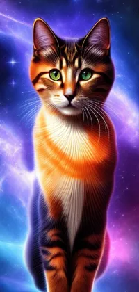 This live wallpaper features a stunning galaxy background and a cute, fuzzy cat standing in front