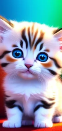 Looking for a fun, colorful and cheerful live wallpaper for your phone? Check out this adorable 3D close-up digital painting of a kitten with blue eyes sitting on a couch surrounded by toys and other cute items