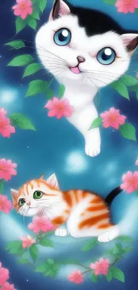 This phone live wallpaper features a delightful image of a cat and a kitten seated on a crescent moon, capturing a precious moment