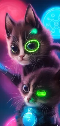 Looking for a captivating phone live wallpaper to jazz up your smartphone's screen? Check out this stunning piece of cyberpunk-inspired art featuring two adorable kittens! With glowing eyes that resemble LED lights, these furry friends look perfectly at home in this colorful and futuristic world