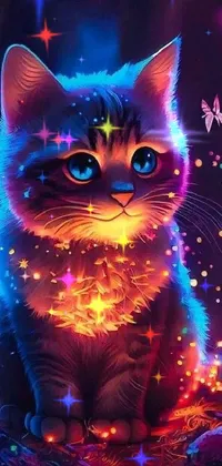 This phone live wallpaper features a colorful cat sitting on grass with glowing lights