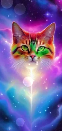 This stunning live wallpaper showcases a cat in close-up against a vivid galaxy background, complete with a mesmerizing space fractal gradient