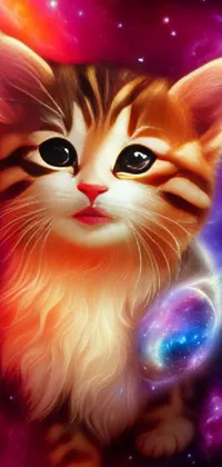 This live wallpaper features a beautiful close-up of a cat against a galaxy background, painted in airbrush style with furry art