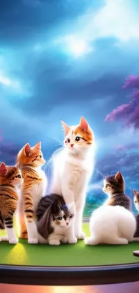 This live wallpaper features adorable cats on a green field in a nighttime setting