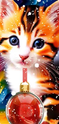 This phone live wallpaper features a colorful digital painting of a charming kitten