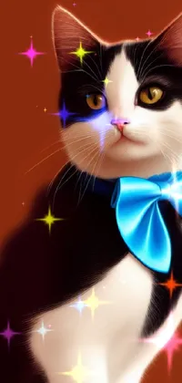 This phone live wallpaper features a stunning digital painting of a black and white cat wearing a stylish blue bow tie