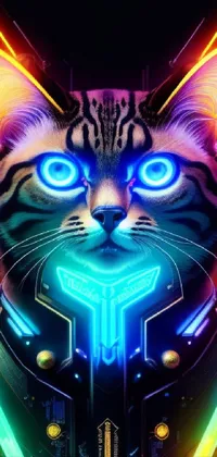 Looking for a stunning live wallpaper for your phone? Check out this cyberpunk-inspired artwork! Featuring a close-up of a glowing-eyed cat, this wallpaper is designed to be displayed in 4K resolution and features a colorful Tron-style grid pattern