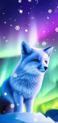 This live wallpaper depicts a white fox resting on a snowy surface, enveloped by a northern lights background