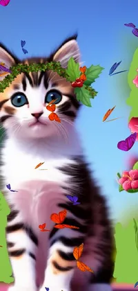 This phone live wallpaper features a cute and photorealistic image of a kitten wearing a flower crown