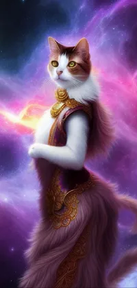 This phone live wallpaper features a majestic, standing cat in regal clothes against a galaxy backdrop