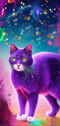 This stunning phone live wallpaper features a beautiful cat standing in lush green grass surrounded by an enchanting world of twinkling stars and vibrant colors
