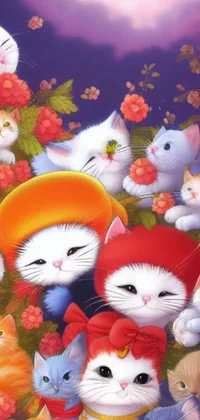 This phone live wallpaper features a digital painting of multiple cats lounging in a field of flowers, adorned with cute hats and surrounded by warm red hues