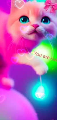Brighten up your phone with a vibrant phone live wallpaper! Featuring a rainbow-colored cat standing on a shiny ball, this furry-inspired art presents soft lights and a background picture with a neon pink hue
