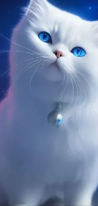 This live wallpaper is a beautiful digital painting of a white cat with captivating blue eyes sitting on a table